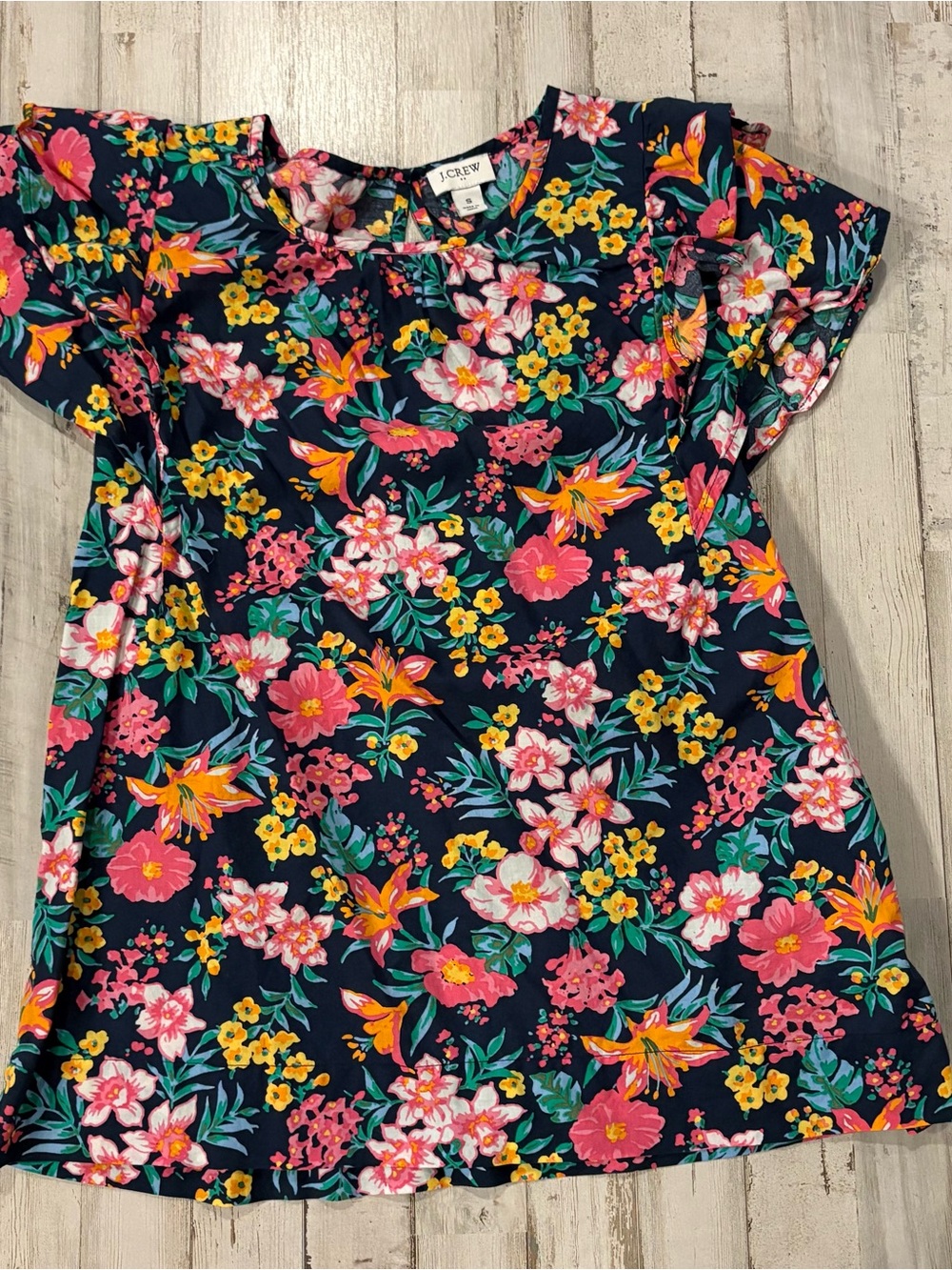 J. Crew Navy Floral Ruffle Sleeve Tee